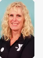 headshot of female personal trainer wearing black YMCA polo teal background