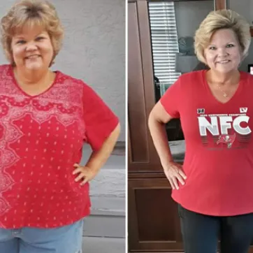 side by side photo showing Y member Cindy wearing red shirt with hands on hips before and after DPP program at the Y